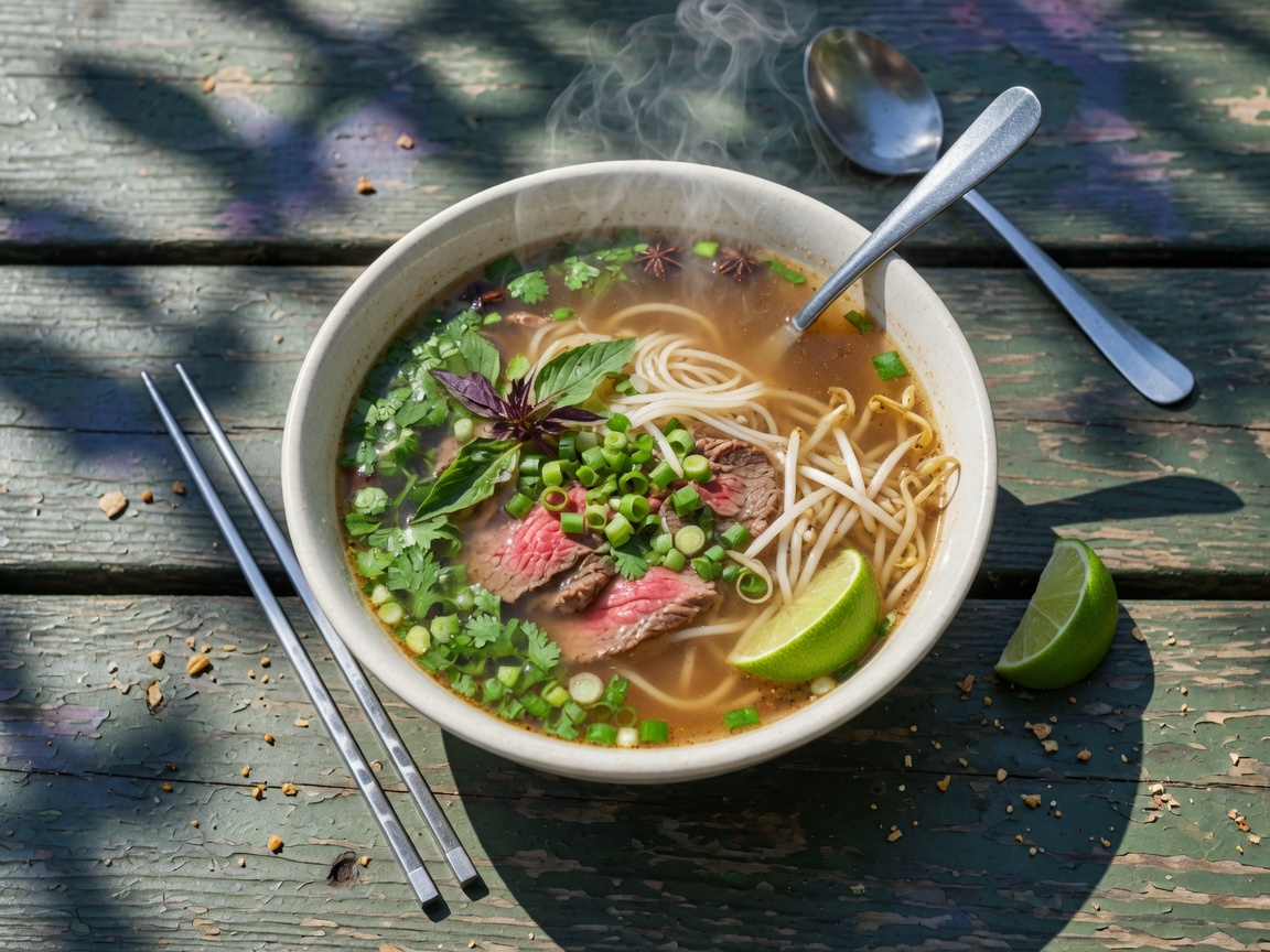 A bowl of classic pho on a weathered table