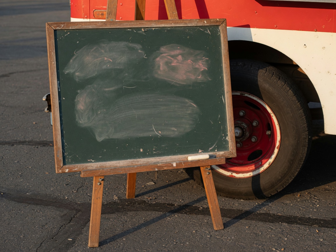 The chalkboard Kevin writes the stop on
